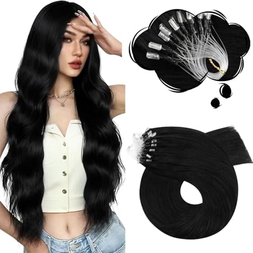 Moresoo Hair Extensions Microlink Human Hair Jet Black Micro Link Hair Extensions Human 18 Inch Hair Micro Bead Extensions Real Human Hair Black Microlink Extensions 50G/50S 18 Inch - Image 1