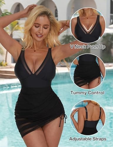 SUUKSESS Women Sexy Mesh One Piece Swim Dress Slimming Tummy Control Swimsuit Push Up High Waisted Bathing Suit(Black,XL) - Image 2