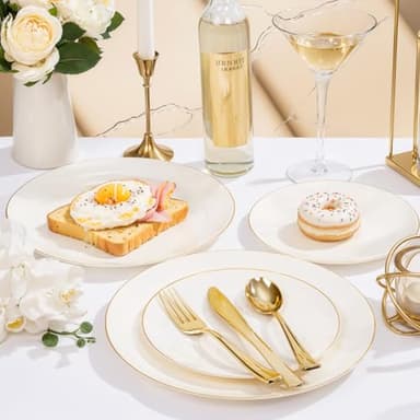 Nervure 100Pcs Ivory and Gold Plastic Plates - 10.25inch Disposable Ivory Dinner Plates - Heavy Duty Plastic Plate Ideal for Wedding & Party & Thanksgiving - Image 5