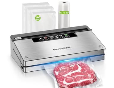 Bonsenkitchen Vacuum Sealer Machine, Stainless Steel Food Sealer Vacuum Sealers with 100 Bags & 1 Roll, 5 Food Vacuum Modes, Built-in Cutter & Bag Storage, Black - Image 1