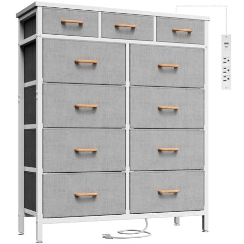 AODK Dresser with Charging Station, 52 Inches Tall Dresser for Bedroom with 11 Storage Drawers, Large Fabric Dressers for Hallway, Light Grey - Image 1