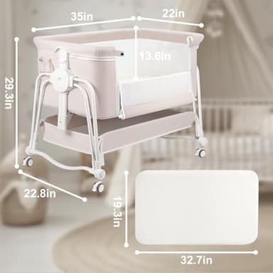 suihuooo 4 in 1 Baby Bassinet Bedside Sleeper, Rocking Baby Crib with Lockable Wheels, Storage, Mosquito Net and Matress Included, 7 Level Adjustable Bedside Bassinet for Baby Newborn(Cream) - Image 2