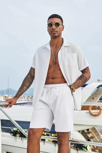 COOFANDY Men's Casual Shorts Lightweight Summer Beach Shorts Elastic Waist Drawstring Linen Short with Pockets White - Image 4