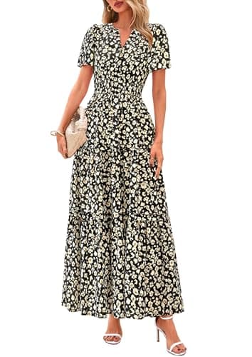 PRETTYGARDEN Women's 2025 Summer Boho Maxi Dresses Floral Short Sleeve V Neck A Line Tiered Flowy Long Beach Vacation Dress (Black,Large) - Image 1
