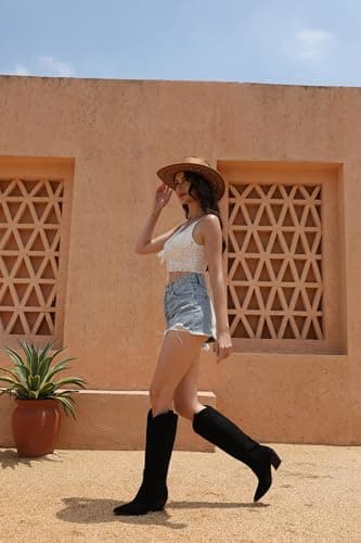 iiimmu Cowboy Boots for Women Black Knee High Pointed Toe and Chunky Heel Suede Western Boots with Embroidered, Size 5.5 - Image 6