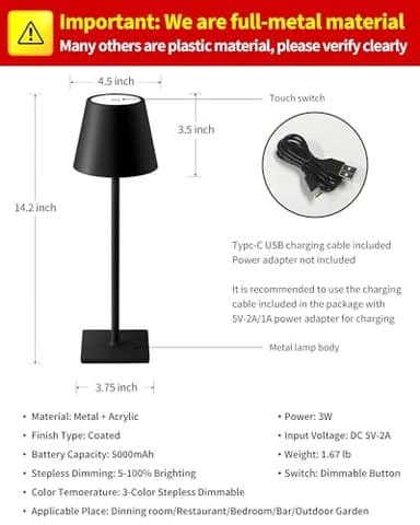 KDG 2 Pack Cordless Table Lamp, Portable LED Desk Lamps, 5000mAh Battery Operated, 3 Color Stepless Dimming Up, for Restaurant, Bedroom, Outdoor Camping, Coffee Shop, Night Light, Rechargeable (Black) - Image 5