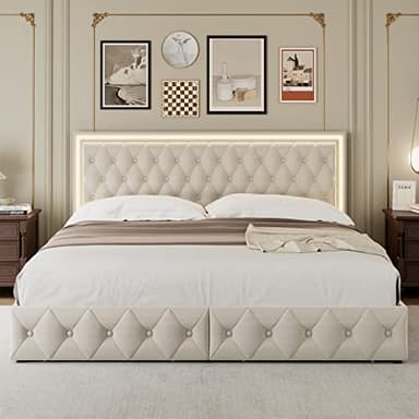 Keyluv Queen Upholstered LED Bed Frame with 4 Drawers, Velvet Platform Storage Bed with Adjustable Button Tufted Headboard and Solid Wooden Slats Support, No Box Spring Needed, Beige - Image 3
