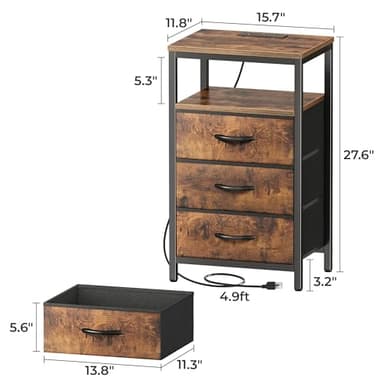 Huuger Nightstand with Charging Station, 27.6 Inch Bedside Table with Fabric Drawers, End Table with USB Ports and Outlets, Night Stand for Bedroom, Rustic Brown - Image 9