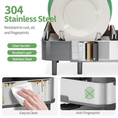Expandable Dish Drying Rack,Foldable 304 Stainless Steel Dish Rack with Dual Parts, Extendable Dish Drainer Rack for Kitchen Counter, Dish Drying Rack with Cutlery Holder Gray - Image 2