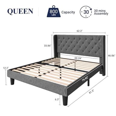 Allewie Queen Size Bed Frame with Button Tufted Wingback Headboard, Upholstered Platform Bed with Wooden Slats Support - No Box Spring Needed, Noise-Free, Easy Assembly, Dark Grey - Image 2