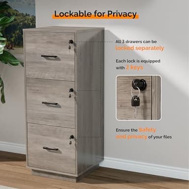 VINGLI 3 Drawer File Cabinet with Lock, Home Office Filing Organizer, for Letter Size File Folder Storage, Wood Tall Vertical Filing Cabinet, Printer Stand, Archivador (Rustic Gray) - Image 5