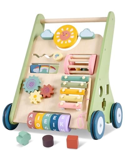 Baby Push Walker, Wooden Baby Walker with Wheels, Montessori Push Walker for Babies 6-12 Months, Push Walking Toys for Boys&Girls 1 Year Old, Gifts for Toddler - Image 1