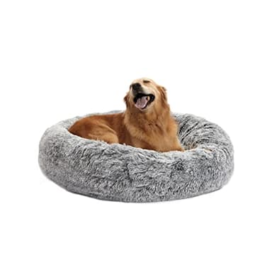 Bedfolks Calming Donut Dog Bed, 36 Inches Round Fluffy for Large Dogs, Anti-Anxiety Plush, Machine Washable (Dark Grey, Large) - Image 1