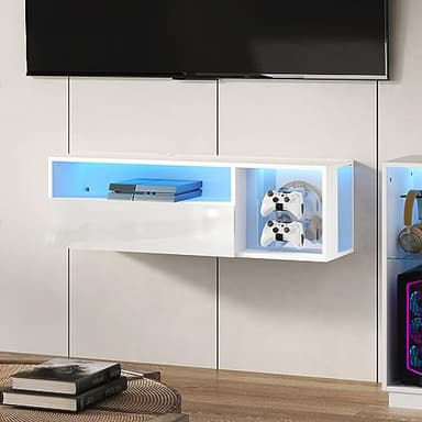 sogesfurniture 39.3'' Floating Wall TV Cabinet Stand with LED Lights, Wall Mounted Entertainment Center with Storage Shelves, Modern High Gloss Media Console for Living Room, Bedroom - Image 9