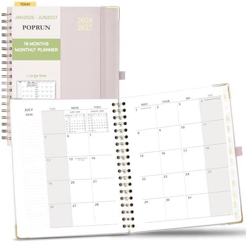 POPRUN Monthly Planner 2026-2027 Spiral Hardcover (8'' x 10''), 18 Months Calendar (Jan.2026-Jun.2027) - 2 Pages per Month with Dotted Note Pages, Sunday Start, Laminated Tab - Light Pink - Image 1