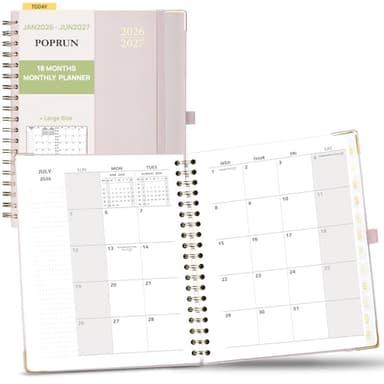 POPRUN Monthly Planner 2026-2027 Spiral Hardcover (8'' x 10''), 18 Months Calendar (Jan.2026-Jun.2027) - 2 Pages per Month with Dotted Note Pages, Sunday Start, Laminated Tab - Light Pink - Image 1