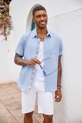 COOFANDY Mens Summer Shirt Short Sleeve Button Down Shirts Beach Weeding Outfit Clear Blue - Image 3