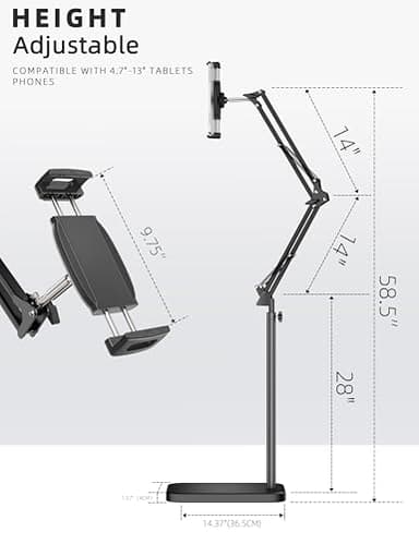 BluuSuuk Tablet Floor Stand with 11lb Stable Base - Adjustable Height Stretchable Arm Swivel Holder Mount, Compatible with iPad Pro Air Mini 12.9/9.7, Kindle, Galaxy Tab, Cell Phones (4.7''-13'') - Image 4