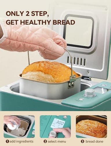 Neretva Bread Maker, 20-IN-1 2LB Bread Machine Dual Heater Bread Maker Machine Automatic with Nonstick Ceramic Pan, 15H Timer & 1H Keep Warm Set, Low Noise, Stainless Steel Breadmaker Recipe-Green - Image 4