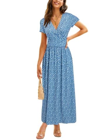 OUGES Women's V-Neck Pattern Pocket Maxi Long Matenity Dress for Baby Shower(Floral-51,L) - Image 2