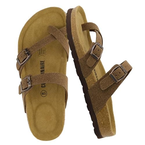 CUSHIONAIRE Luna Crossover Toe Strap Womens Sandals – Cork Footbed Slides with Adjustable Straps, Summer Sandals for Women 2025, BROWN 8W - Image 1