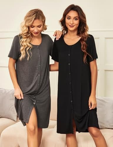 Ekouaer Nightgowns for Women 2 Pack Button Down Sleepshirt Short Sleeve Nightshirt Soft Sleepwear V Neck Pajama Dress Black, Light Grey - Image 3