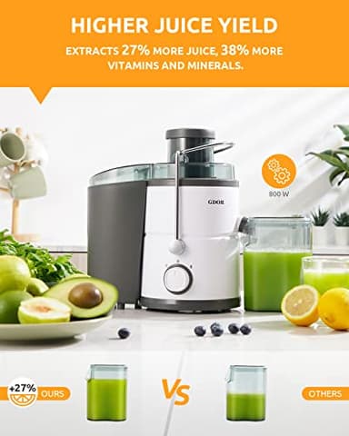 GDOR 800W Juicer Machine, 3” Wide Feed Chute, Dual-Speed Centrifugal Juicer for Fruits & Vegetables, Anti-Drip Function, BPA-Free, Easy to Clean with Brush, White - Image 2