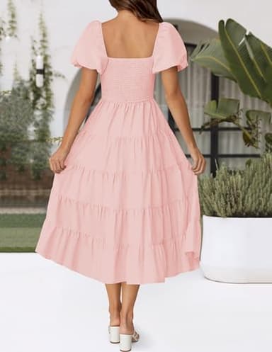 ZESICA Women's 2025 Summer Square Neck Short Puff Sleeve Solid Color High Waist Casual Smocked Flowy A Line Tiered Midi Dress,Pink,Medium - Image 4
