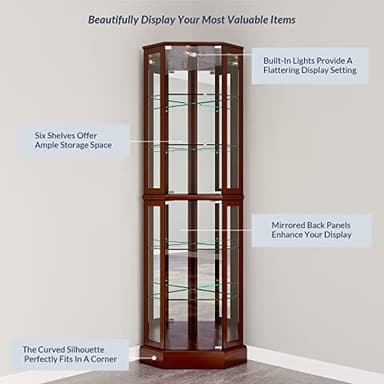 BELLEZE Lighted Corner Display Curio Cabinet,72" Tall Wooden Curved Shelving Unit with Tempered Glass Door, Bar and Liquor Storage Area with 6 Shelves - Ashfield (Walnut) - Image 5