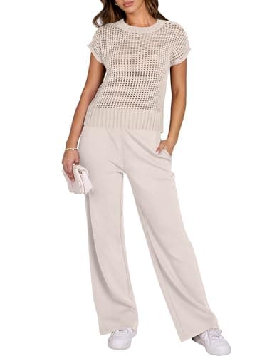 ANRABESS Women Two Piece Outfits Crochet Sheer Knit Sweater Top Wide Leg Pants Lounge Matching Sets Sweatsuit Travel Clothes Aprioct Medium - Image 2