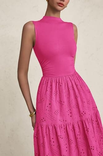 PRETTYGARDEN Summer Dresses for Women 2025 Casual Eyelet Sleeveless Wedding Guest Maxi Dress Tank Top Sundress with Pockets (Rose Red,Small) - Image 6