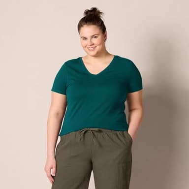 Amazon Essentials Women's Regular-Fit Short-Sleeve V-Neck T-Shirt, Pack of 2, Dark Green/Powder Blue, Large - Image 6