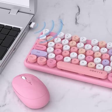 UBOTIE Colorful Computer Wireless Keyboard Mice Combo, Retro Typewriter Flexible Keys Office Full-Sized Keyboard, 2.4GHz Dropout-Free Connection and Optical Mouse (Pink-Colorful) - Image 3