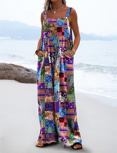 YESNO Women's Summer Casual Overalls Loose Wide Leg Jumpsuits Boho Floral Printed Baggy Rompers with Pockets M PZH P002B - Image 3