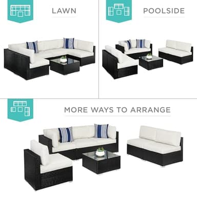 Best Choice Products 7-Piece Modular Outdoor Sectional Wicker Patio Conversation Set w/ 2 Pillows, Coffee Table, Cover Included - Black/White Sand - Image 3