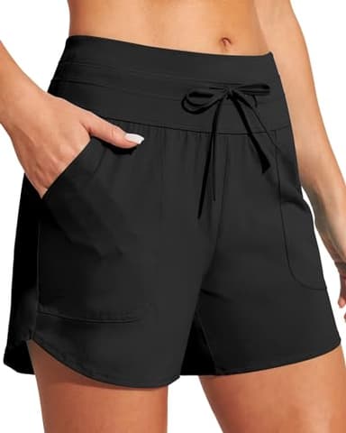 IUGA Womens 5" Swim Board Shorts Stretchy High Waisted Beach Shorts for Women Quick Dry UPF 50+ Swimsuit Bottoms with Liner Black - Image 1