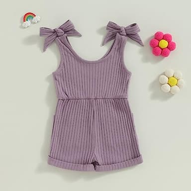 Fernvia Toddler Baby Girl Summer Clothes Sleeveless Ribbed Knitted Jumpsuit Shorts Overalls Baby One Piece Outfit (B Purple, 12-18 Months) - Image 3
