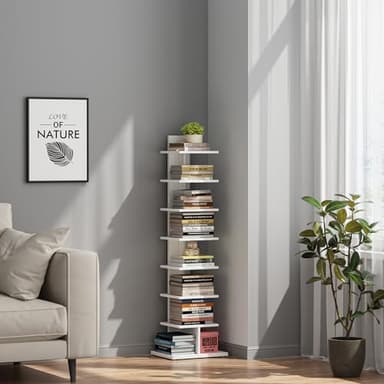 TUTOTAK Narrow Bookshelf, 8-Tier Bookcase, Spine Book Shelf for Small Space, Corner Standing Shelf for Living Room, Office, Study, Entryway, White BS06BW008 - Image 6
