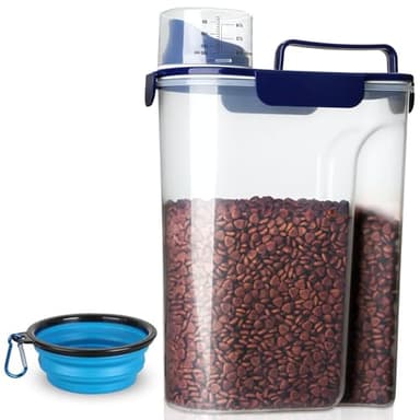 TIOVERY Dog Food Storage Container, 5-7 Lbs Airtight Pet Food Container, Cat food Container Dispenser with Portable Handle, Pouring Spout and a Collapsible bowl for Dogs Cats Navy Blue/6Qt - Image 1