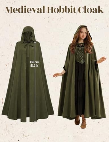 Scarlet Darkness Women Renaissance Hooded Cape Medieval Cloak Hobbit Halloween Costume Olive Green - Image 6