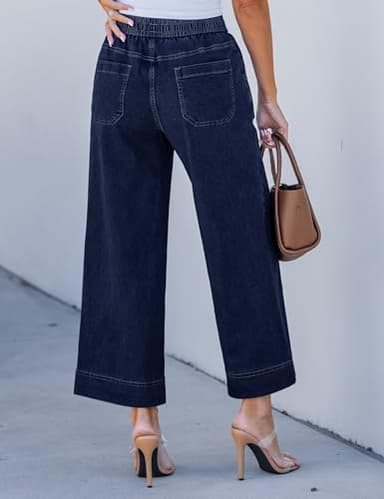 luvamia High Elastic Waisted Wide Leg Jeans for Women Crop Pants for Women Pull On Denim Pants Darkness Blue XX-Large Fits Size 20 / Size 22 - Image 2