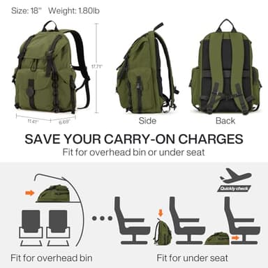 mixi Travel Backpack for Women Men, 18 Inch Carry On Laptop Backpack Flight Approved fits 16'' Laptop, Lightweight Waterproof Hiking Backpack Travel Outdoor Business Casual Daypack, Jungle Green - Image 5