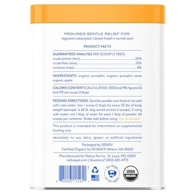 Native Pet Pumpkin for Dogs - Organic Powder Pumpkin Puree Dog Food Toppers -Rich in Fiber Supplement Powder Helps with Digestion, Nutrient Absorption, Diarrhea, Constipation & Upset Stomach-60 Scoops - Image 6