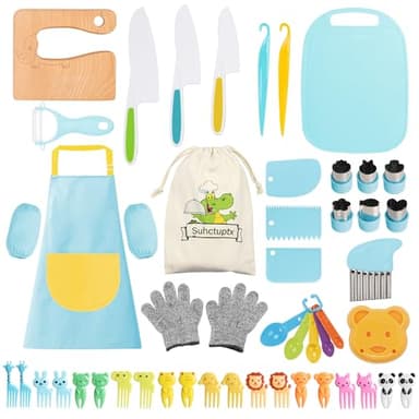 50PCS Toddler Knife Set - Kids Knifes for Real Cooking, Wooden Kids Kitchen Knife Set with Gloves Cutting Board Crinkle Cutters Kid Safe Knives, Toddlers Kitchen Tools - Image 1