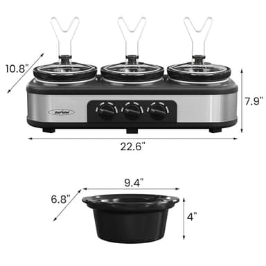 Sunvivi Slow Cooker, Triple Slow Cooker Buffet Server and Food Warmer, 3-Section 1.5-Quart Upgraded Oval Ceramic Pot with Stainless Steel Lid Rests, 3 Spoons, Total 4.5 QT - Image 6