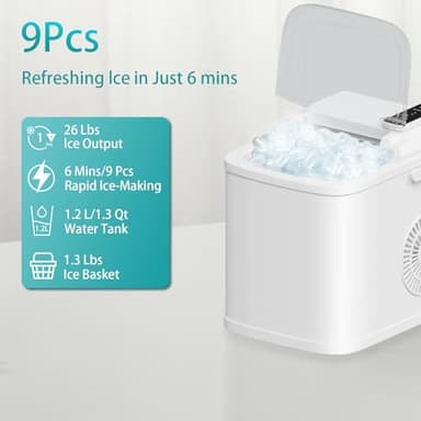 Countertop Ice Maker, 9 Cubes in 6 Mins, 26Lbs/24H, 2 Sizes of Bullet Ice, Auto-Cleaning Portable Machine with Scoop & Basket, Easy-Touch Display, Quiet Operation for Home/Kitchen/Office/Bar - Image 3