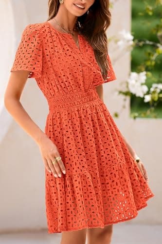 PRETTYGARDEN Womens 2025 Summer Short Dress V Neck Short Sleeve A Line Hollow Out Lace Ruffle Cute Casual Beach Party Dresses (Orange,Medium) - Image 4