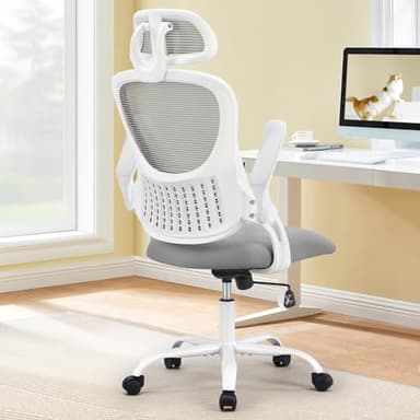 Sweetcrispy Home Office Desk Chair, Ergonomic High-Back Mesh Rolling Work Computer Chairs with Wheels and Adjustable Headrests, Comfortable Lumbar Support, Comfy Flip-up Arms for Bedroom, Study, Grey - Image 1