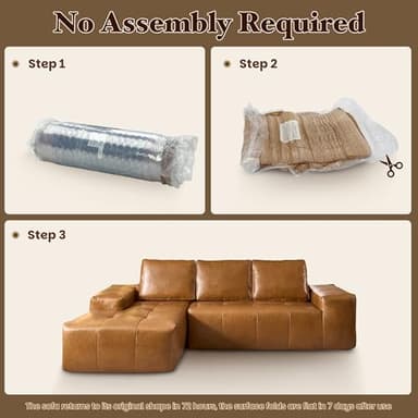 114" Boneless Couches for Living Room, Brown Faux Leather Cloud Sectional Couches with Chaise, Deep Seat L Shaped Modular Sofa, No Assembly Required Sofas in a Box (Left,Faux Leather,Brown) - Image 7