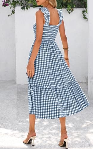 PRETTYGARDEN Women's Summer Dress Casual Square Neck Ruffle Strap Gingham Smocked Midi Flowy A Line Beach Vacation Sun Dresses 2025 (Dark Blue, XXL) - Image 4